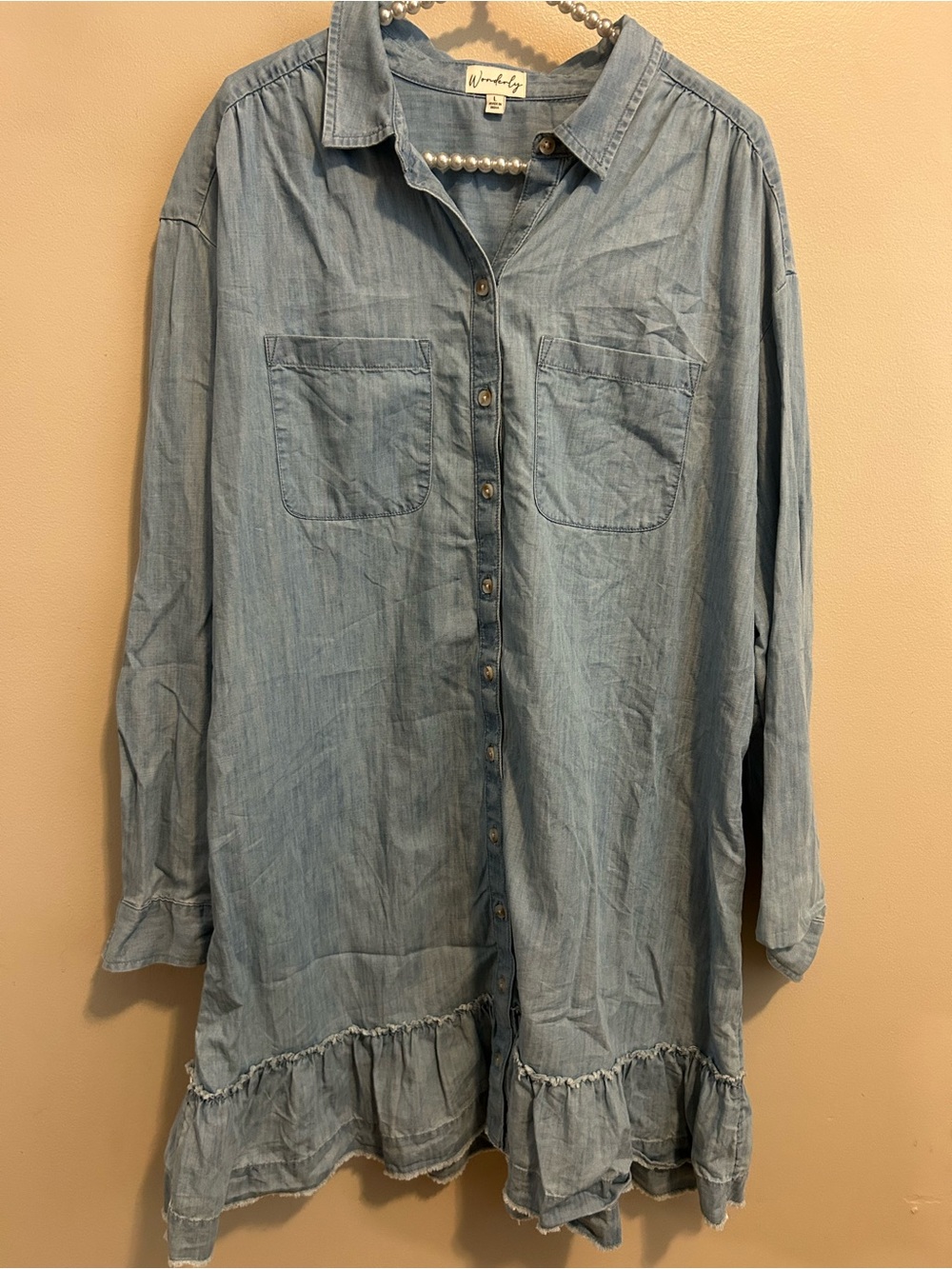 Wonderly Womens L Chambray Shirtdress Denim Blue Long Sleeve Ruffle Hem Casual